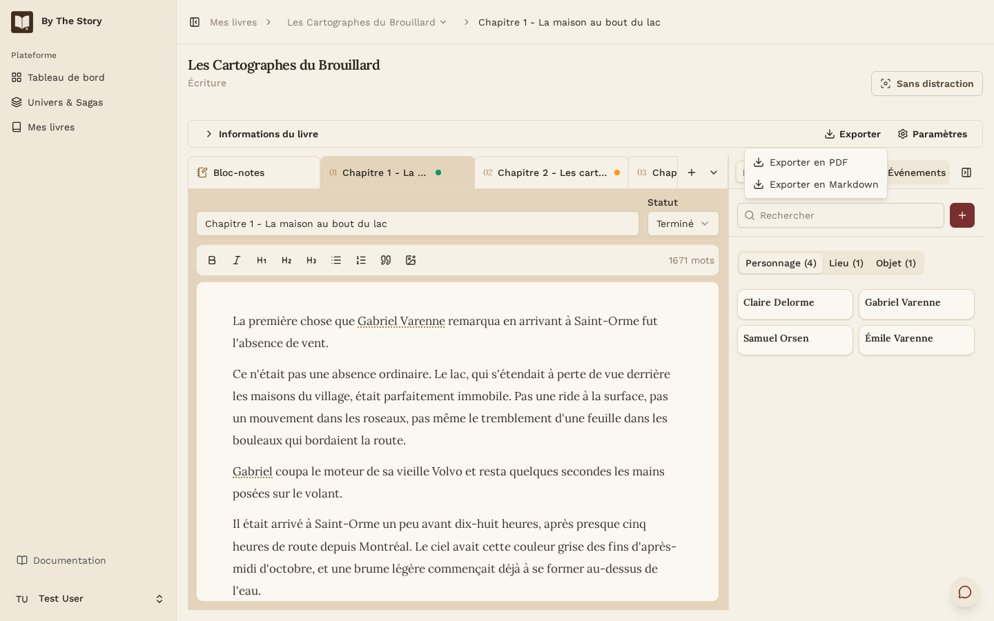 Menu d'export d'un livre